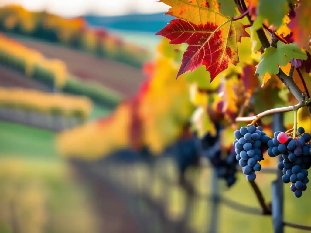 Innovación en viticultura en Canadá: viñedo minimalista con hojas rojas y doradas, uvas maduras y cielo azul