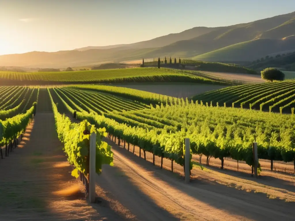 Viñedo dorado al atardecer Viñedo minimalista, luz dorada, filas de uvas verdes, armonía con la revolución del vino natural (110 caracteres)