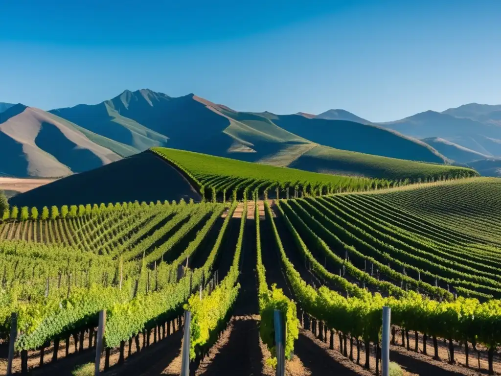 Un viñedo minimalista de viñedos Carmenere verdes y vibrantes en los valles chilenos, con influencia del clima mediterráneo y suelo rico y oscuro