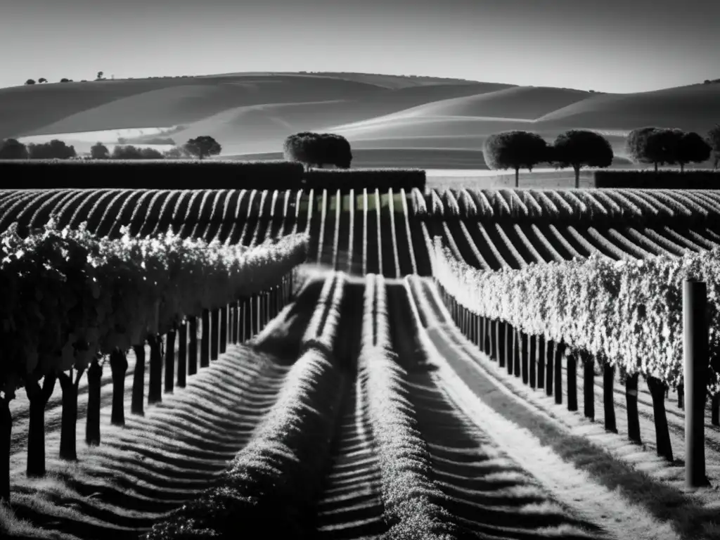 Tradición vitivinícola en Penfolds - Viñedo negro y blanco de gran belleza y extensión, resaltando la elegancia y simplicidad del paisaje