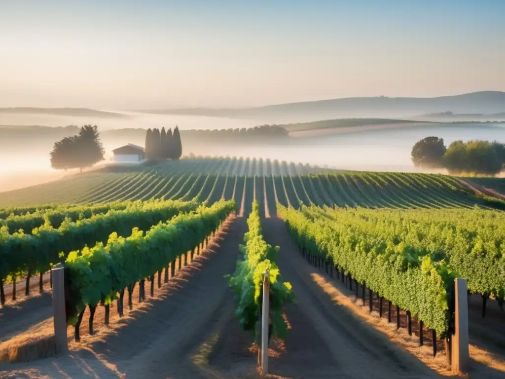 Viñedo en la niebla matutina, resaltando la simetría y precisión del manejo de viñedos de alta densidad