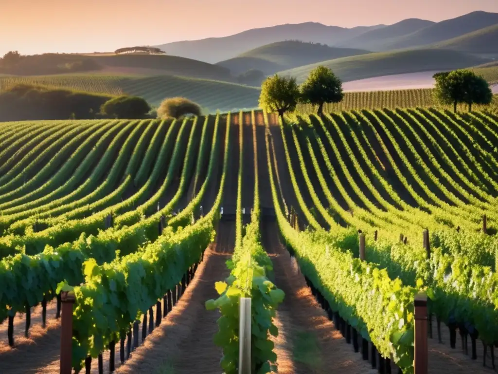 Un viñedo pintoresco al atardecer, con filas de vides verdes que se extienden hacia el horizonte