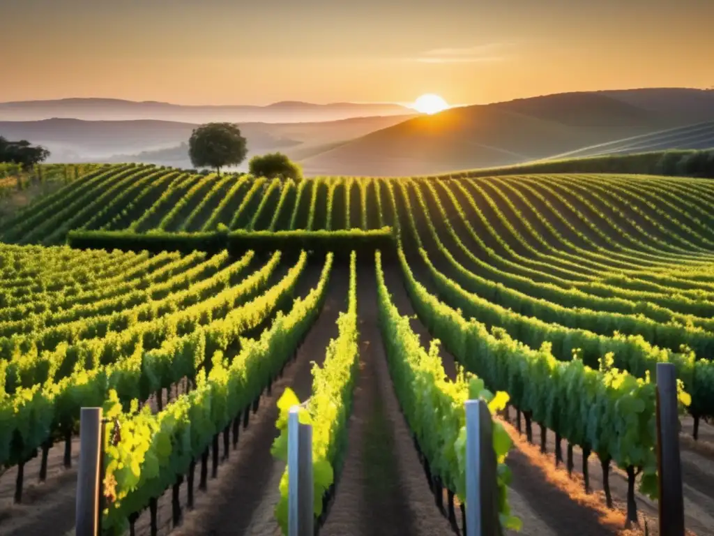 Un viñedo pintoresco al atardecer, resaltando el proceso de elaboración del vino en vivo