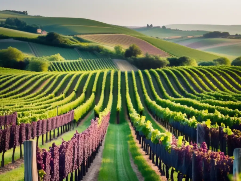 Viñedo pintoresco en colinas europeas, con filas perfectas de viñas que se extienden hacia el horizonte