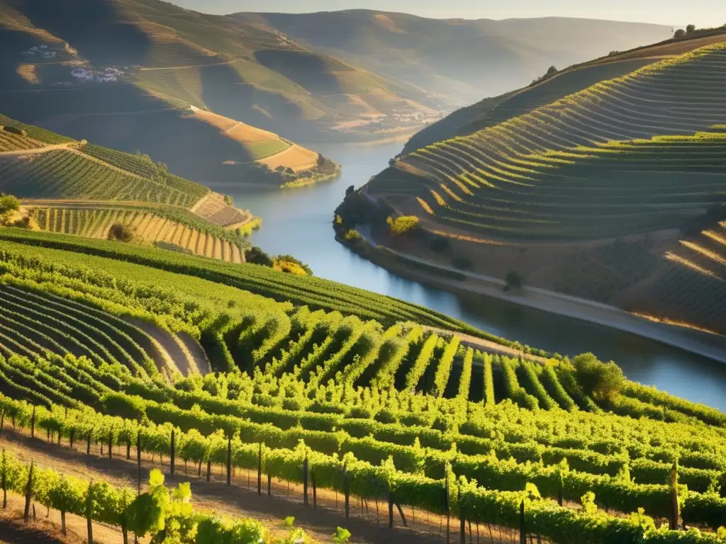 Viñedo pintoresco en el valle del Douro, con viñedos verdes y río majestuoso