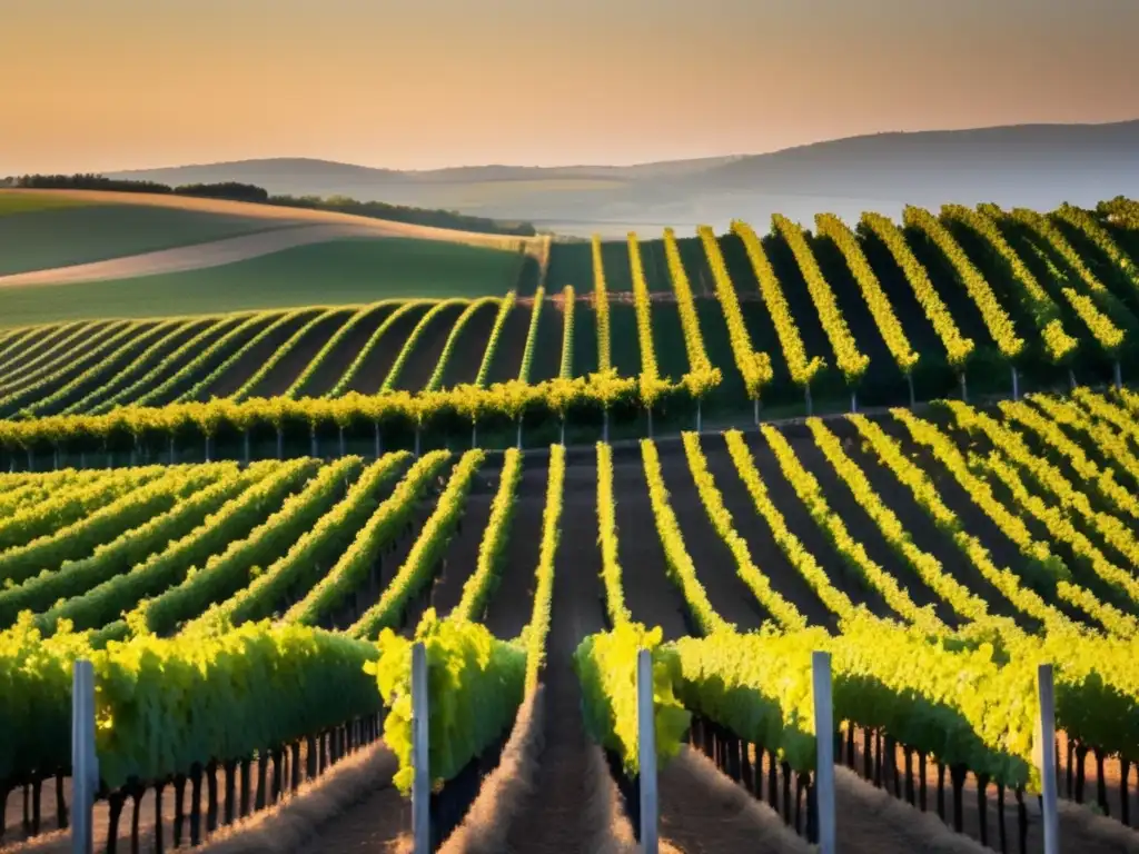 Viñedo sereno al atardecer, resaltando beneficios del vino para el sistema inmunológico