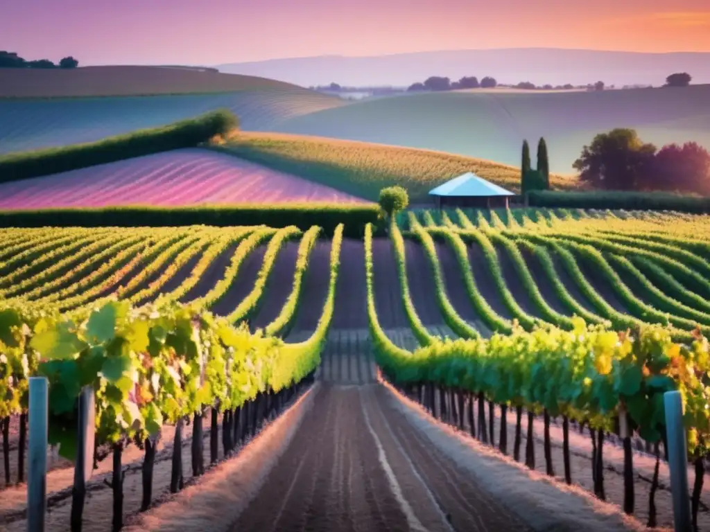 Un viñedo sereno al atardecer con filas de uvas exuberantes