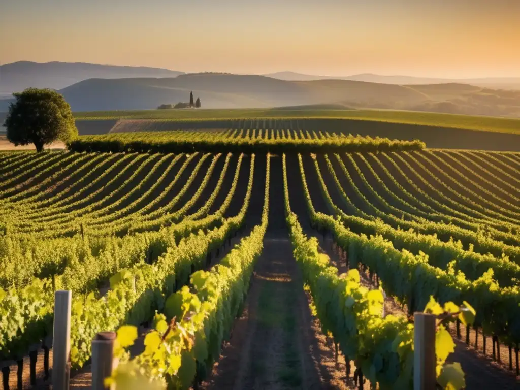 Viñedo sereno al atardecer, con filas de uvas