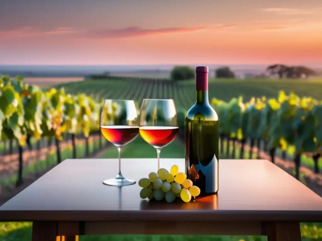 Viñedo sereno al atardecer, con uvas verdes y agua