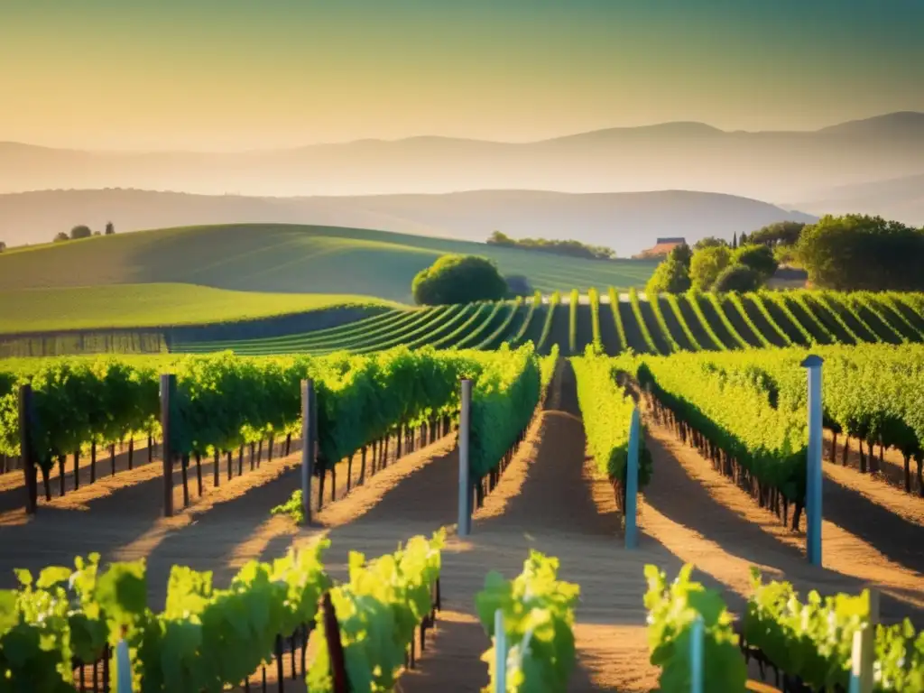 Viñedo sereno con filas de vides alineadas, hojas verdes vibrantes y suelo iluminado por el sol