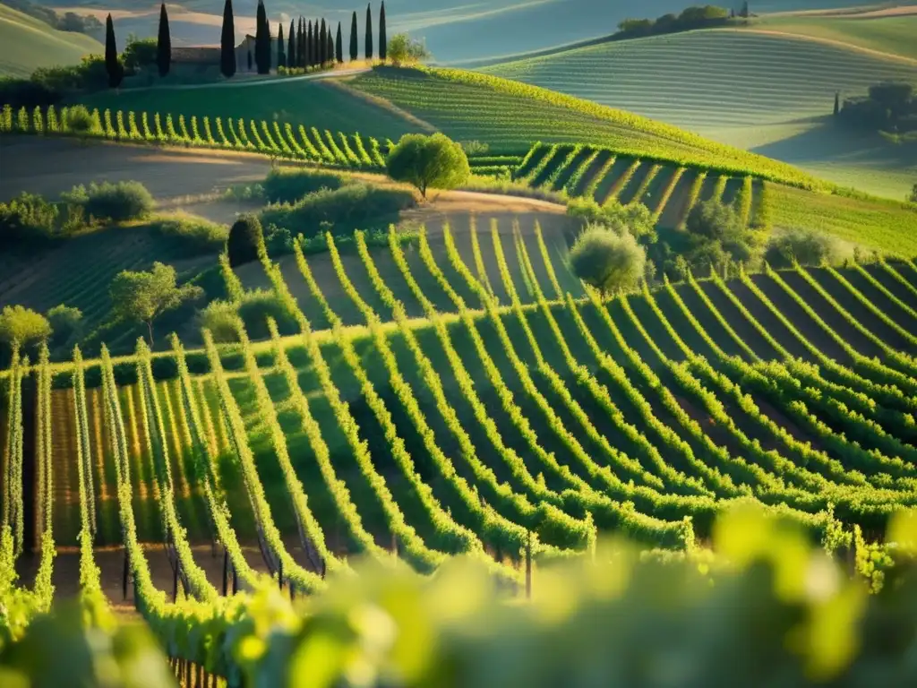 Viñedo soleado en colinas de Toscana, Italia