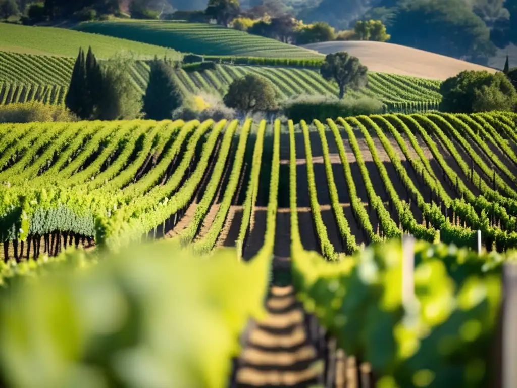 Viñedo soleado en Napa Valley, con vides alineadas y vibrantes hojas verdes sobre suelo fértil