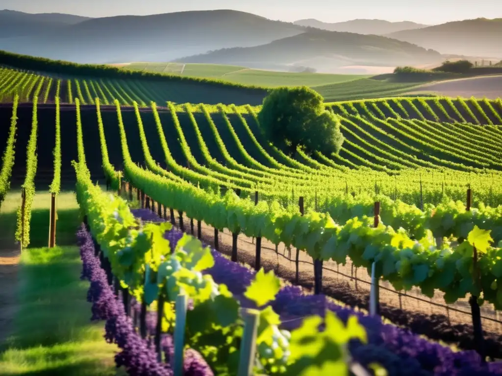 Viñedo sostenible bajo acuerdo de París, con uvas maduras y luz natural