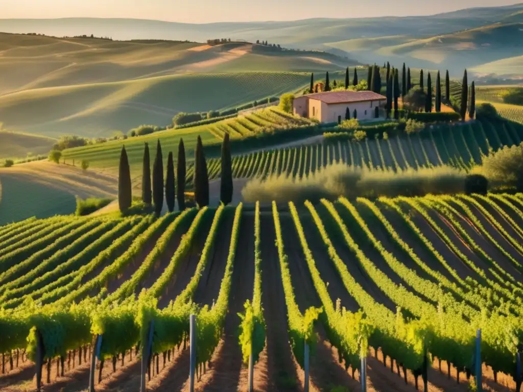 Viñedo en Toscana: Vinos Sangiovese en un paisaje sereno de colinas verdes y cipreses, capturado en una imagen detallada de 8k