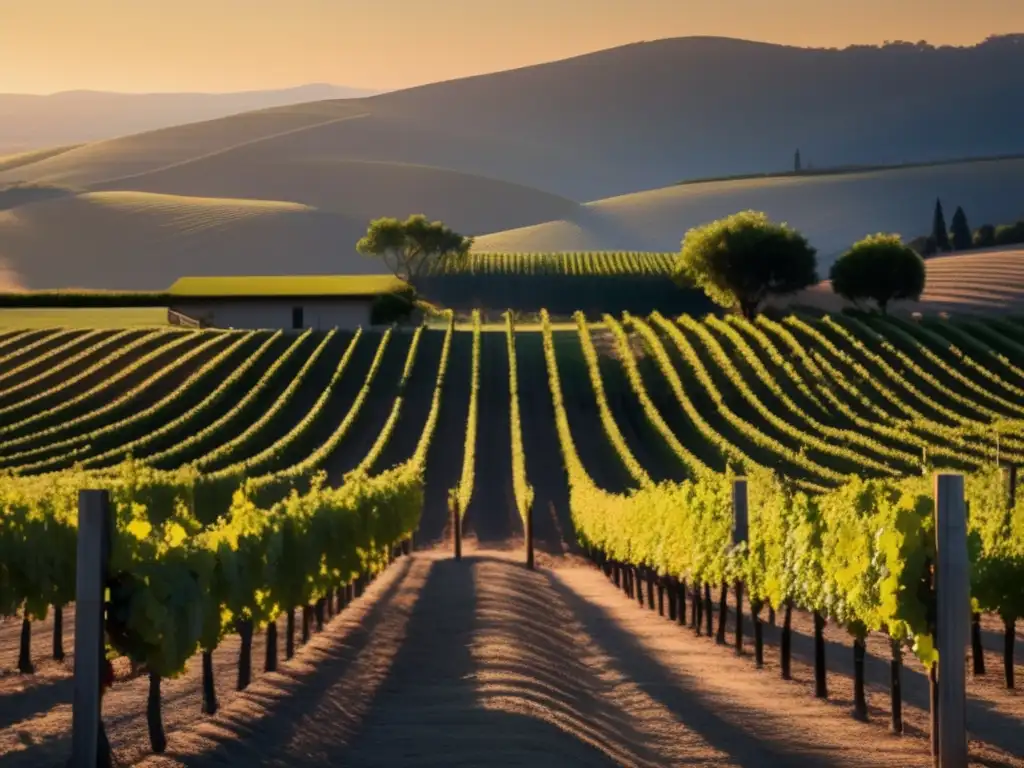 Viñedo tranquilo al atardecer, con filas de vides perfectamente alineadas y sombras doradas del sol