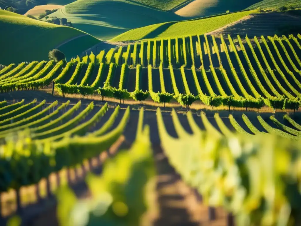 Viñedos biodinámicos en Nueva Zelanda: paisaje minimalista de 8k, con vides verdes y alineadas en filas perfectas bajo la cálida luz dorada del sol