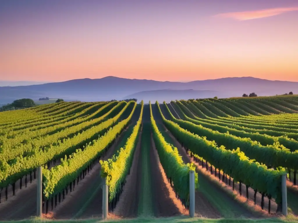 Viñedos históricos en arte y literatura, atardecer sereno y ordenado con colores pastel