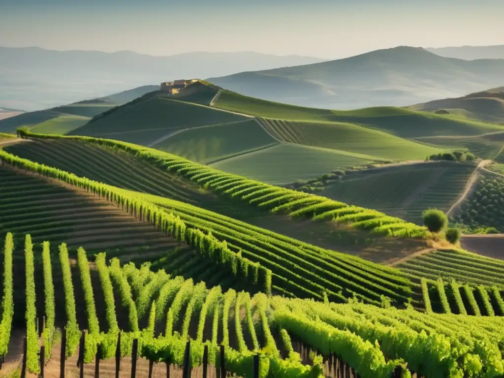 Viñedos históricos de Córcega y Sicilia: paisaje minimalista con elegantes filas de uvas verdes