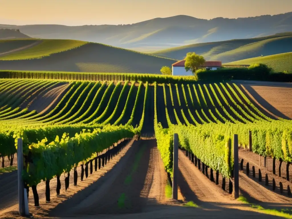 Viñedos históricos famosos del mundo en la hora dorada, con colinas ondulantes y viñas verdes contrastando con el suelo marrón