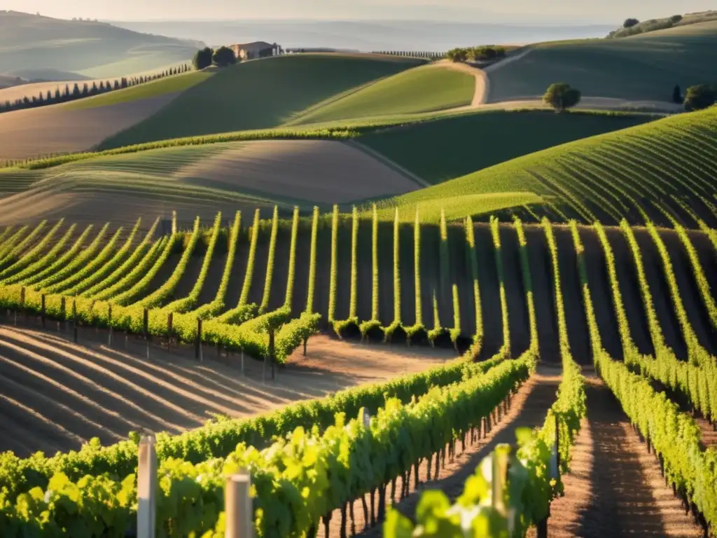 Viñedos históricos y su legado: una imagen de un vasto viñedo en colinas onduladas, con filas meticulosamente plantadas de vides