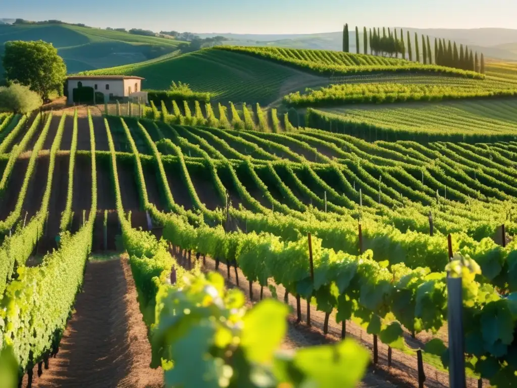 Viñedos históricos y su legado en un paisaje de viñedos exuberantes y detallados de 8k, con filas ordenadas de uvas maduras y hojas verdes vibrantes