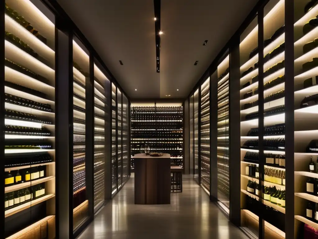 Viñedos históricos América del Sur: Bodega minimalista iluminada con elegantes paredes de vidrio y suelo de concreto, exhibiendo meticulosamente arregladas botellas de vino de vibrantes colores y tipografía elegante