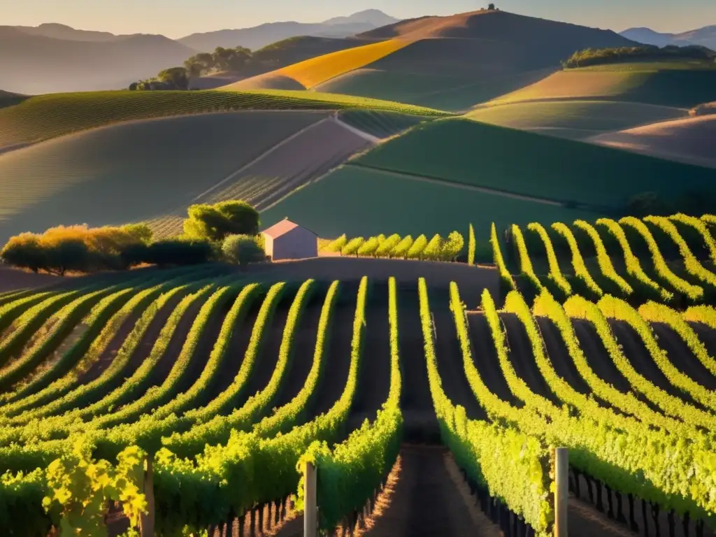 Viñedos históricos América del Sur: Paisaje minimalista y detallado de viñedos en la hora dorada, con sol radiante y sombras largas