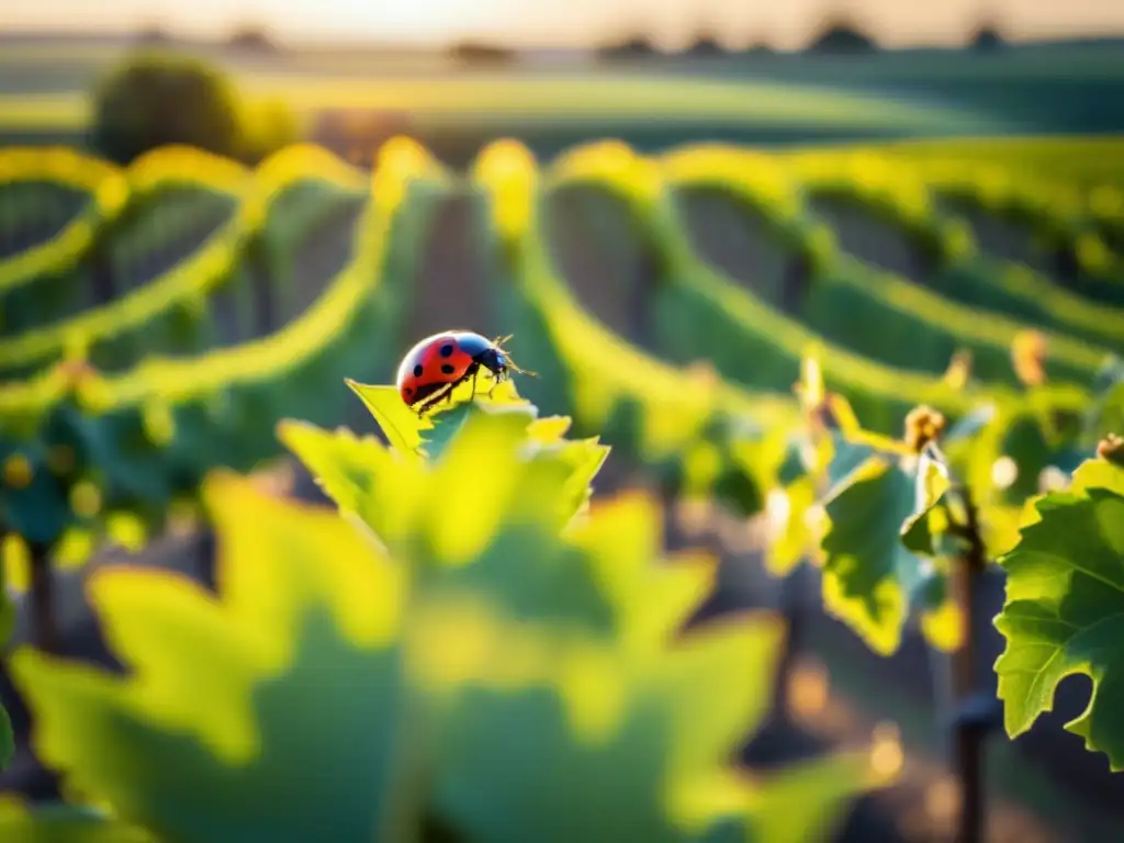 Biodiversidad en viñedos: Imagen minimalista muestra viñedo pintoresco bañado por el sol dorado