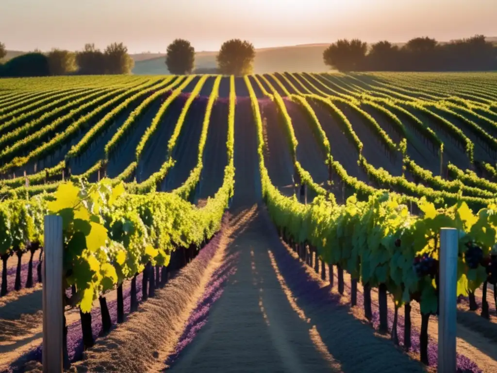 Viñedos: Mujeres y Sustentabilidad - Imagen minimalista de viñedos al amanecer, con filas ordenadas de vides que se extienden hacia el horizonte