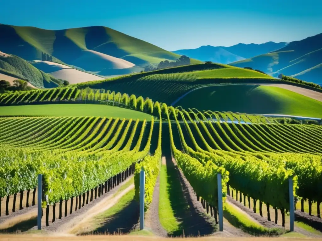 Descubriendo viñedos en Nueva Zelanda - Un paisaje minimalista de un viñedo pintoresco en Marlborough, con colinas ondulantes y vides verdes vibrantes