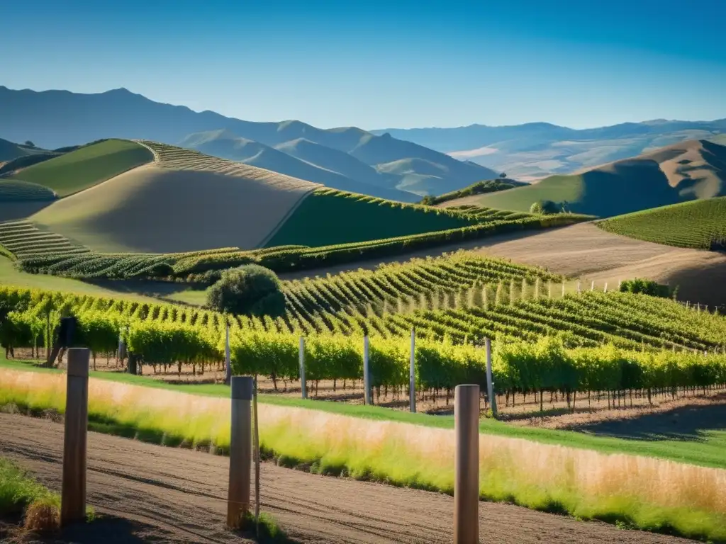 Descubriendo viñedos en Nueva Zelanda, paisaje sereno con colinas y viñedos en primer plano