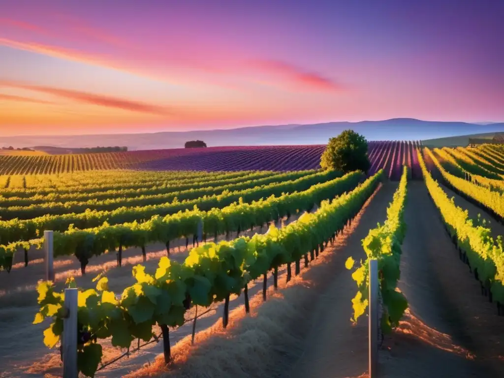 Viñedos y vinos: Atardecer en un paisaje minimalista de viñedos, con cielo vibrante en tonos naranja, rosa y morado