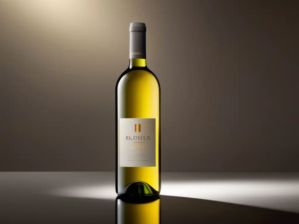 Vinificación en frío prometedora: botella de vino transparente y minimalista, con tono dorado, etiqueta elegante y condensación refrescante