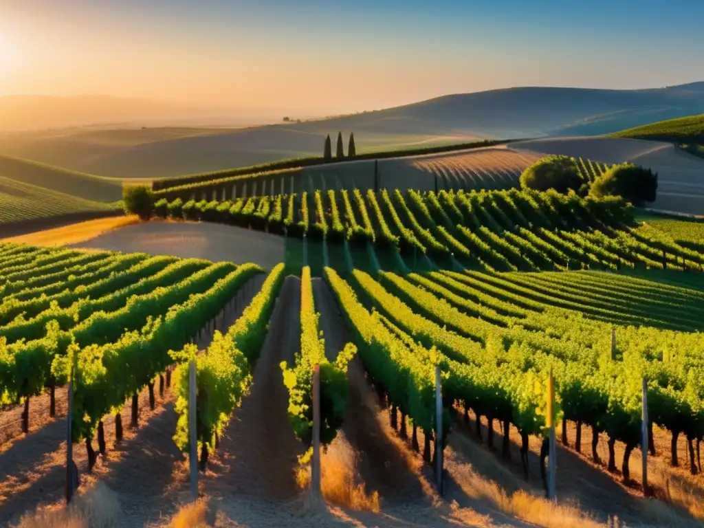 Vinificación en frío prometedora: Un paisaje de viñedo impecable iluminado por el sol, con una bodega minimalista que refleja innovación