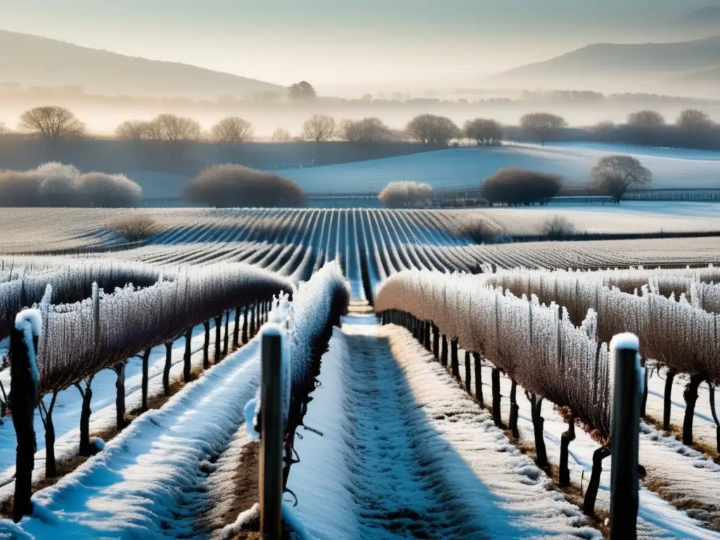 Vinificación en frío prometedora: Viñedo invernal con uvas cubiertas de hielo