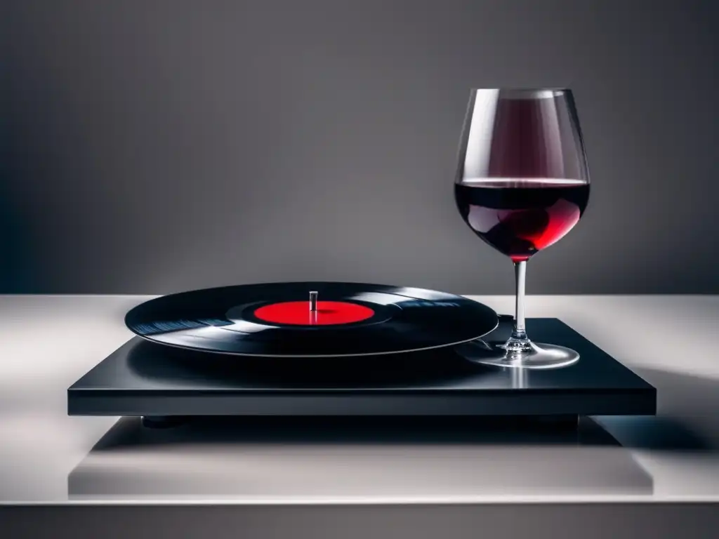 Vinilo negro girando en tocadiscos con copa de vino tinto: música y vinos jazz