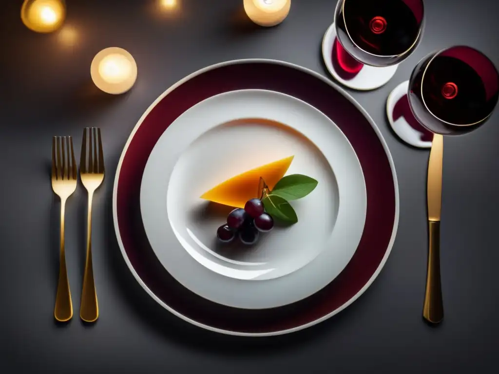 Mesa de comedor elegante con platos blancos y vino Integrando vino en decoración platos con armonía