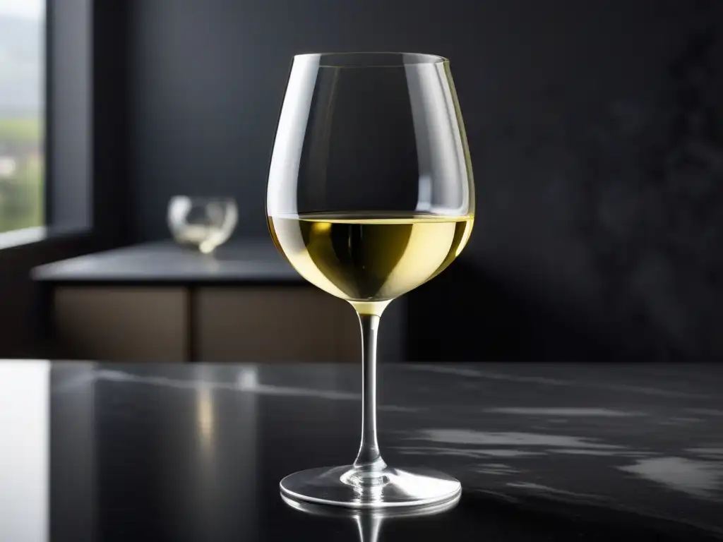 Elegir vino adecuado platos picantes - Copa de vino blanco con líquido dorado pálido, condensación y luz natural resaltando elegancia