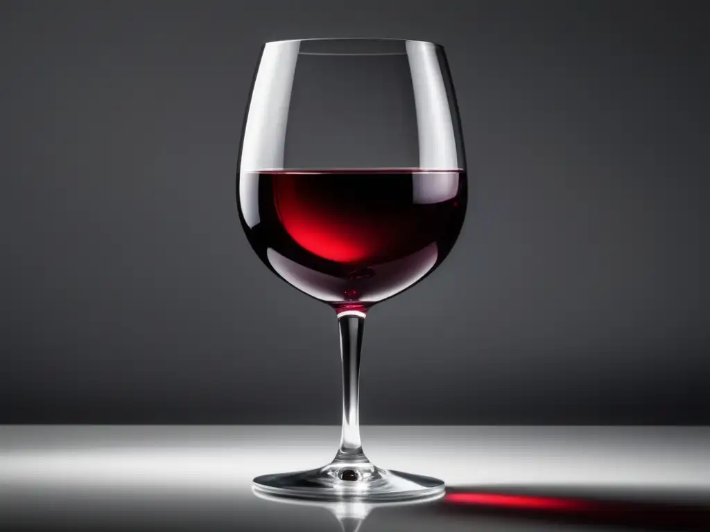 Composición química del vino sin alcohol: copa de cristal con líquido rojo intenso en mesa minimalista