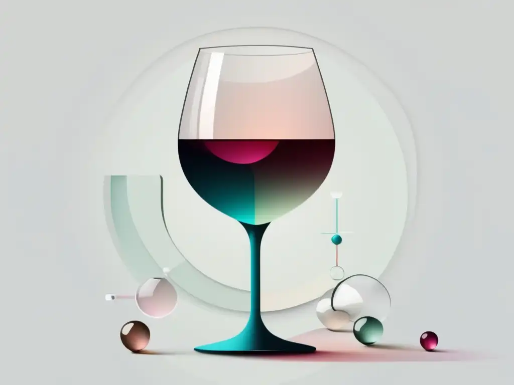 Composición química del vino sin alcohol: ilustración minimalista de perfil de copa con líquido translúcido y formas geométricas pastel representando componentes