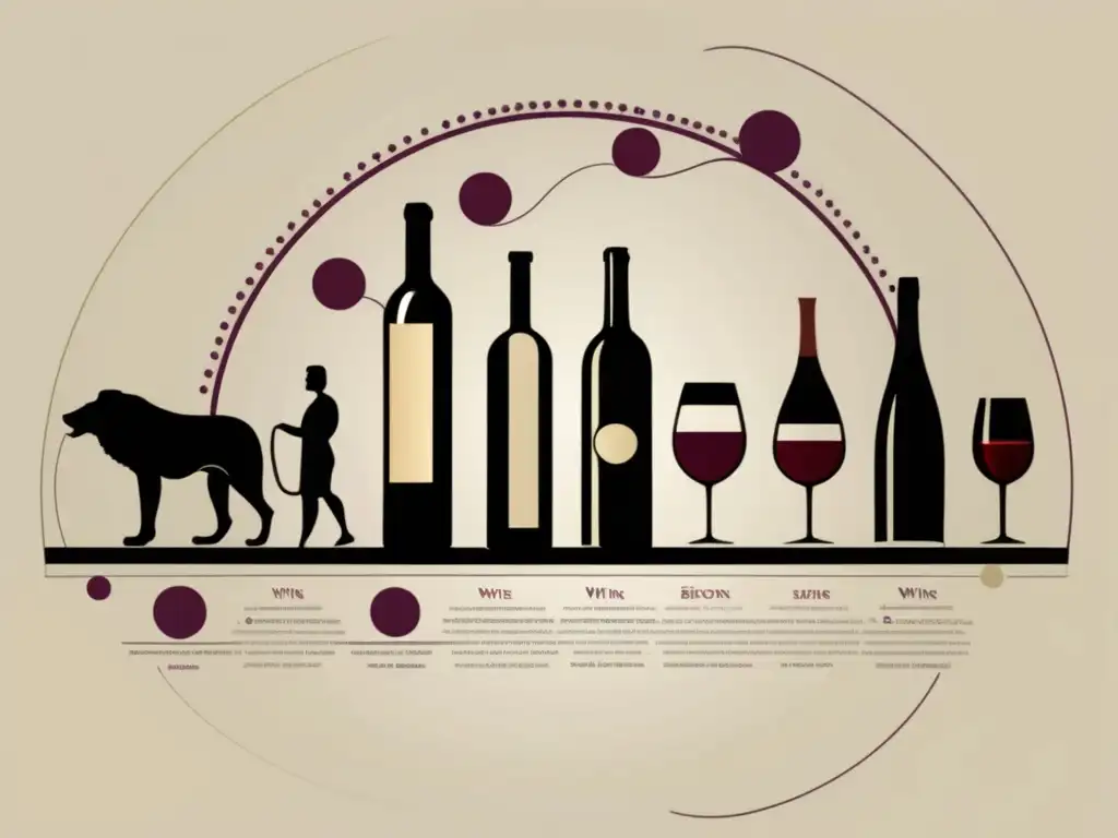 Evolución del vino desde el Antiguo Egipto: círculos conectados con elementos clave y tonos terrosos