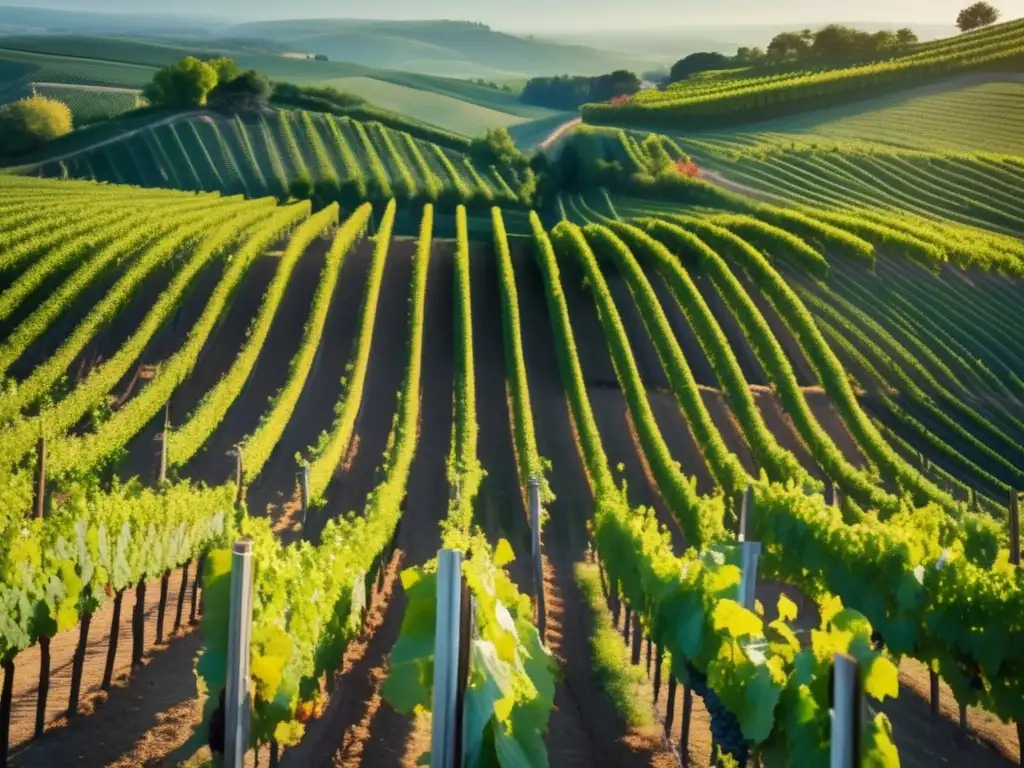 Vino biodinámico Nicolas Joly: hermosa imagen 8k de viñedo desde una vista aérea, resalta colores y elegancia