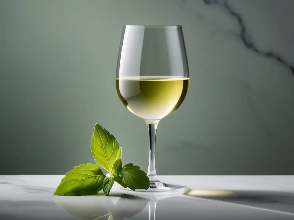 Vino blanco refrescante con hierbas frescas en encimera de mármol blanco