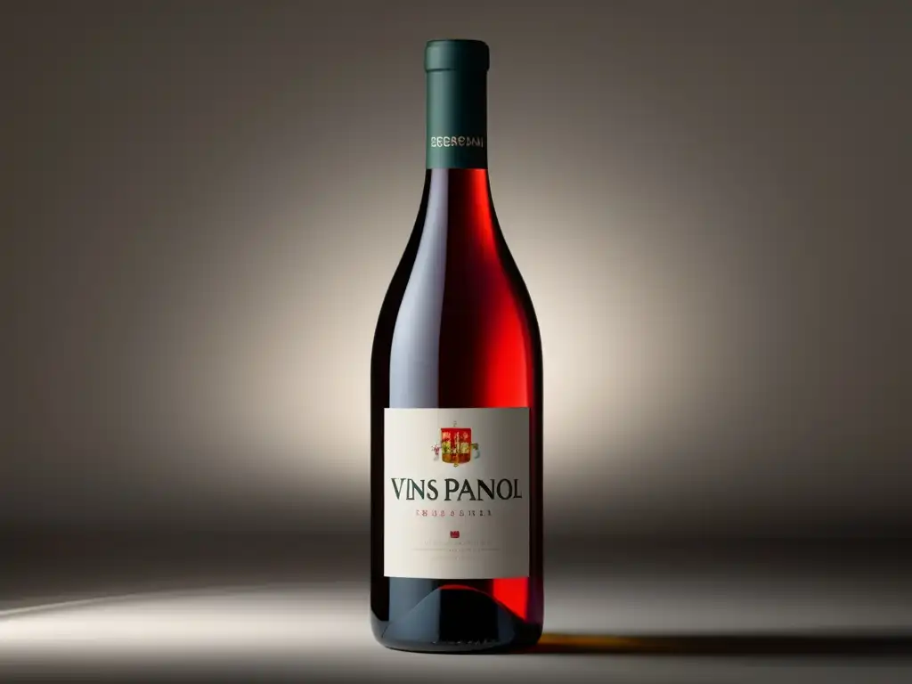 Vino Español postBrexit: imagen 8k de botella elegante y minimalista en fondo blanco, revela color rojo intenso