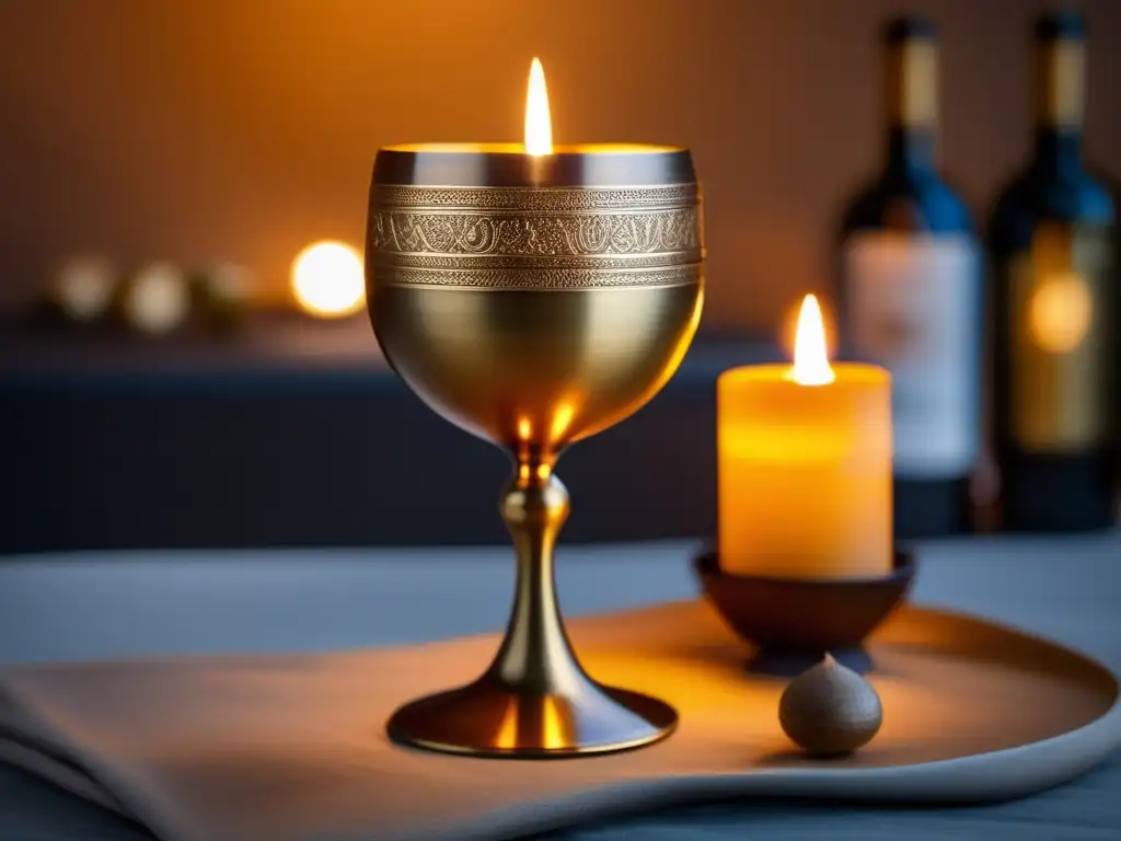 Goblet de vino de bronce con engravings, iluminado por velas en Mesopotamia