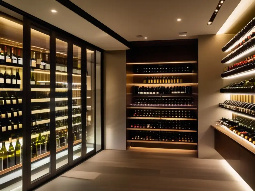 Inversión en vino: consejos bodega coleccionable - Espacio elegante y organizado con iluminación cálida, exhibiendo impresionante colección de vinos