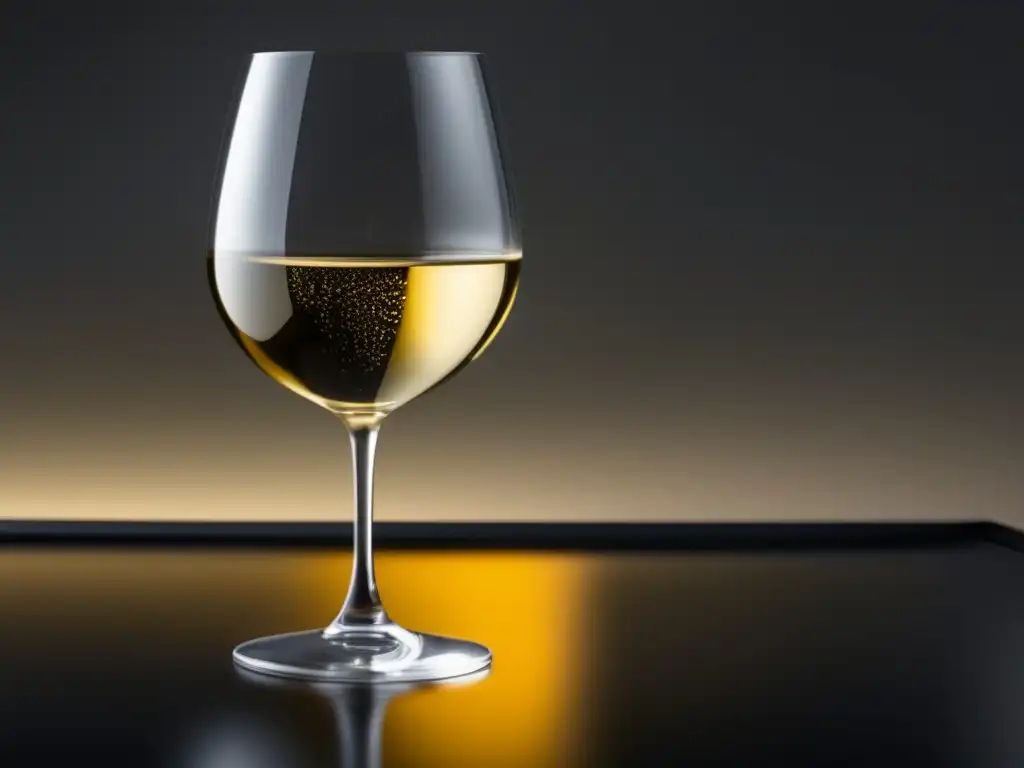 Copa de vino Gewürztraminer en mesa negra Vino coreano gourmet: copa minimalista, fondo suave, 8k, Gewürztraminer dorado