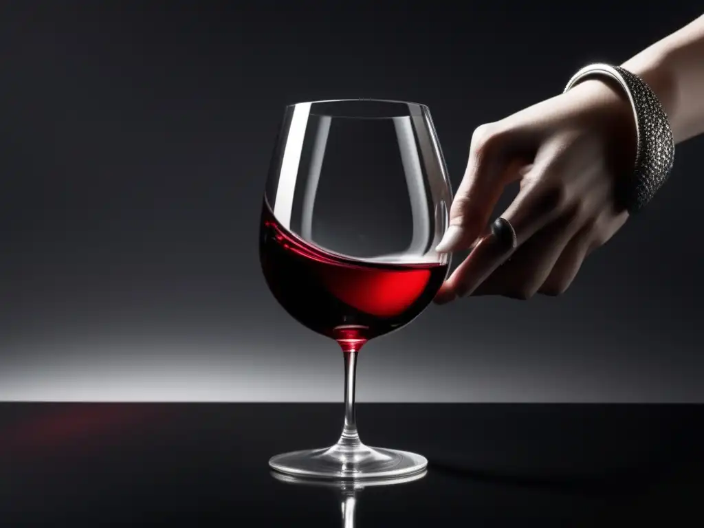 Copa de vino con diseño minimalista y elegante, lleno de un tinto intenso