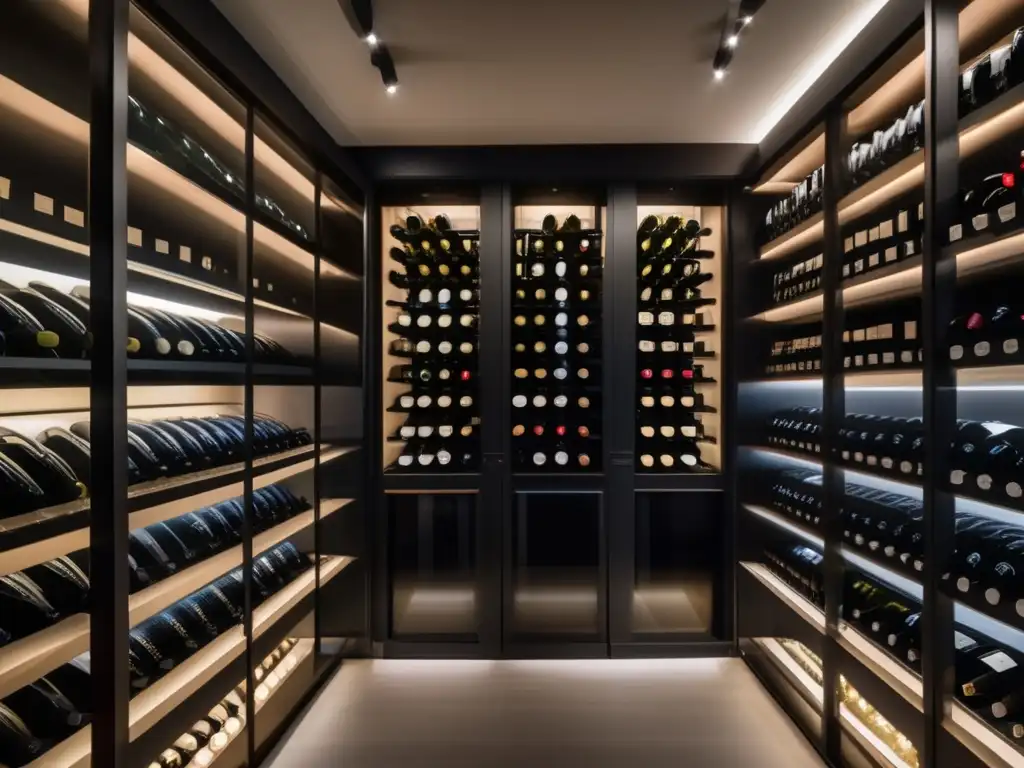 Inversión en vino: bodega elegante con botellas ordenadas y etiquetas minimalistas