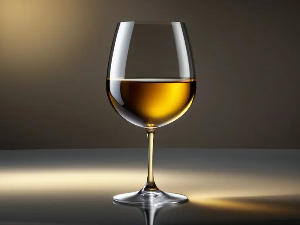 Copa de vino elegante y minimalista con vino dorado transparente, en superficie limpia